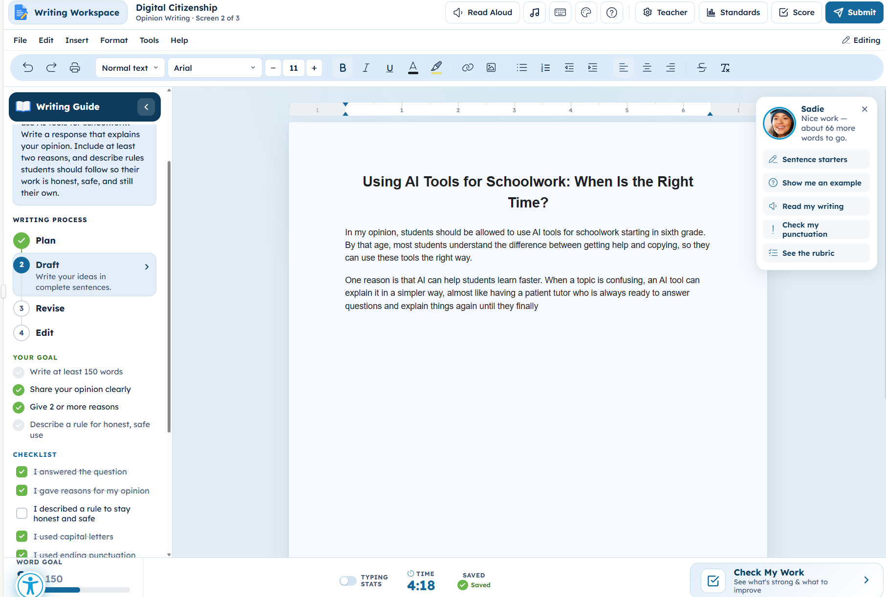Typing Agent's Writing Workshop instant feedback and revision screen