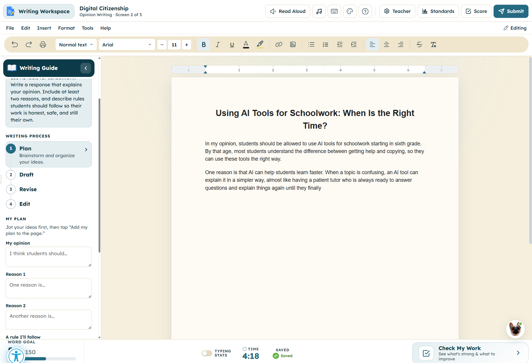 Typing Agent's Writing Workshop guided writing process screen