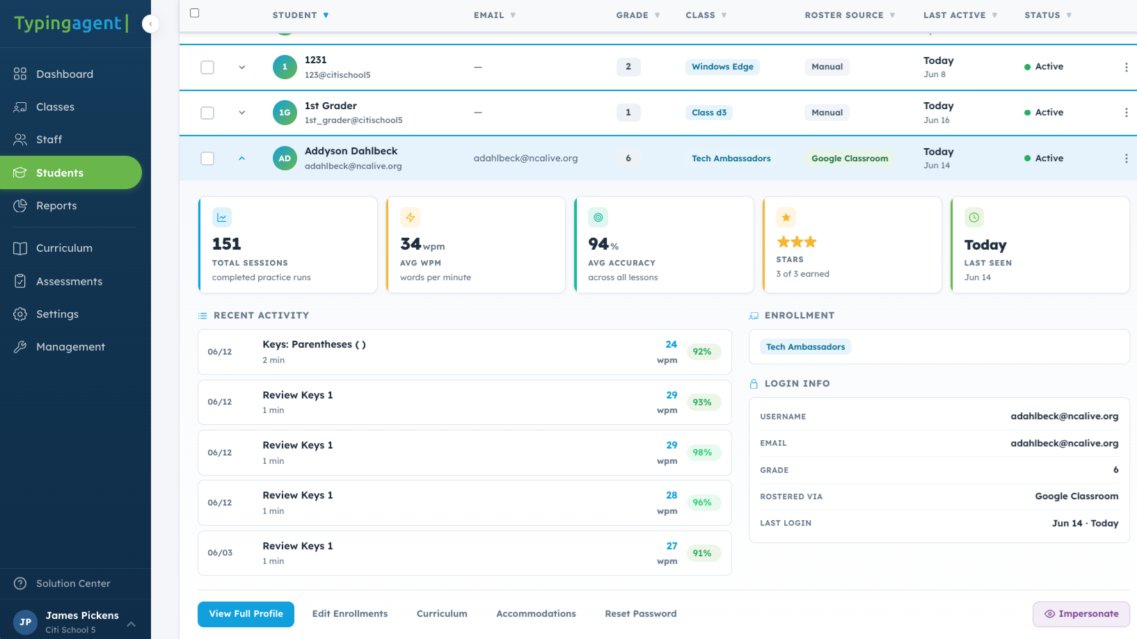 Typing Agent student dashboard