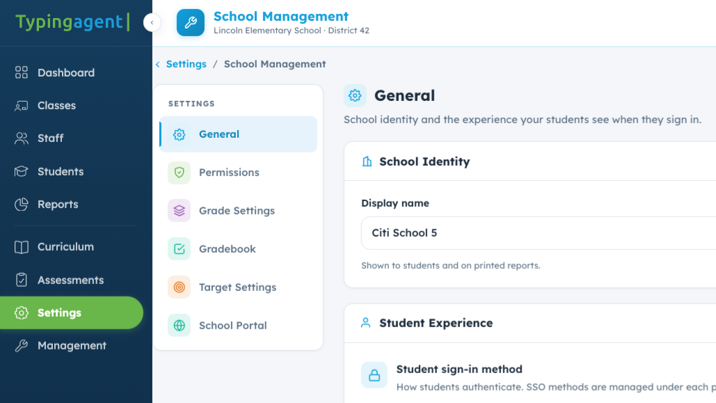 Typing Agent teacher dashboard settings