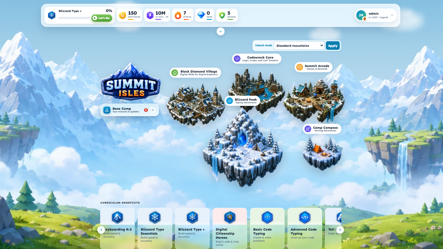 Summit Isles in the Typing Agent V6 student experience